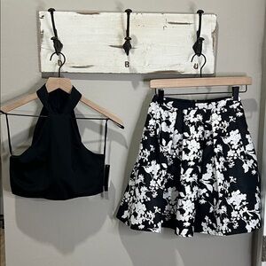Formal Dress Two Piece Black White Floral Skater Skirt Top Holiday Hoco